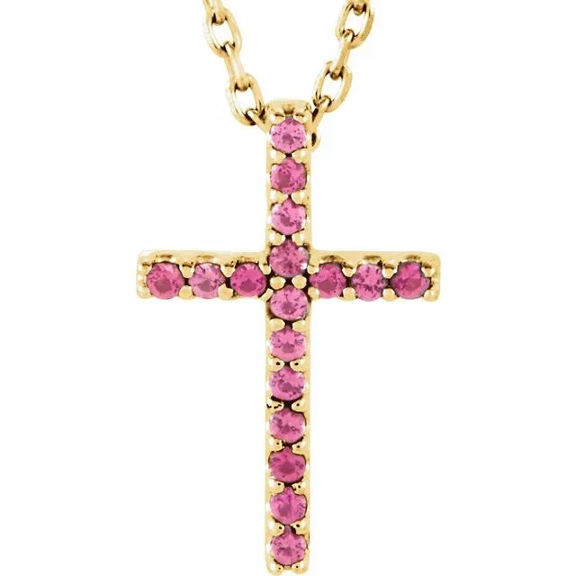 14K Gold Genuine Gemstone Petite Cross 16" Necklaces