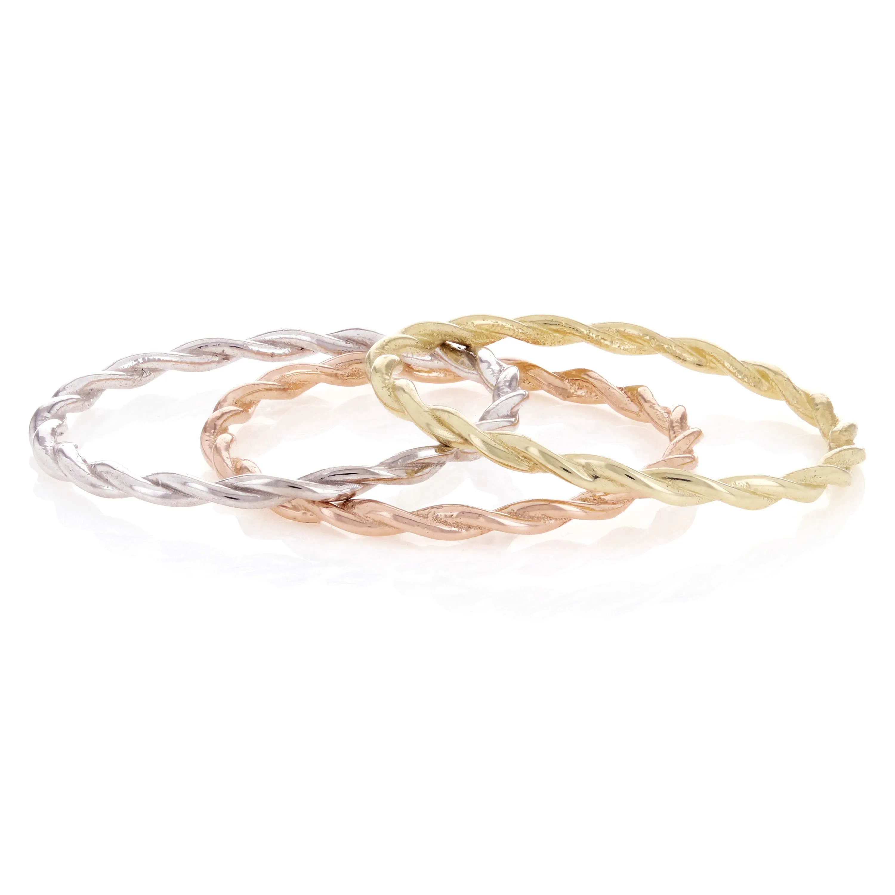 14k Tri Color Gold Braided Twisted Stackable Ring 3 Pieces Size 3-9