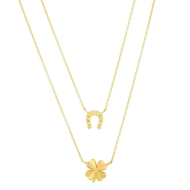 14K Yellow Gold Horseshoe And Irish Clover Multi-Strand Necklace (3.5.gr.tw)