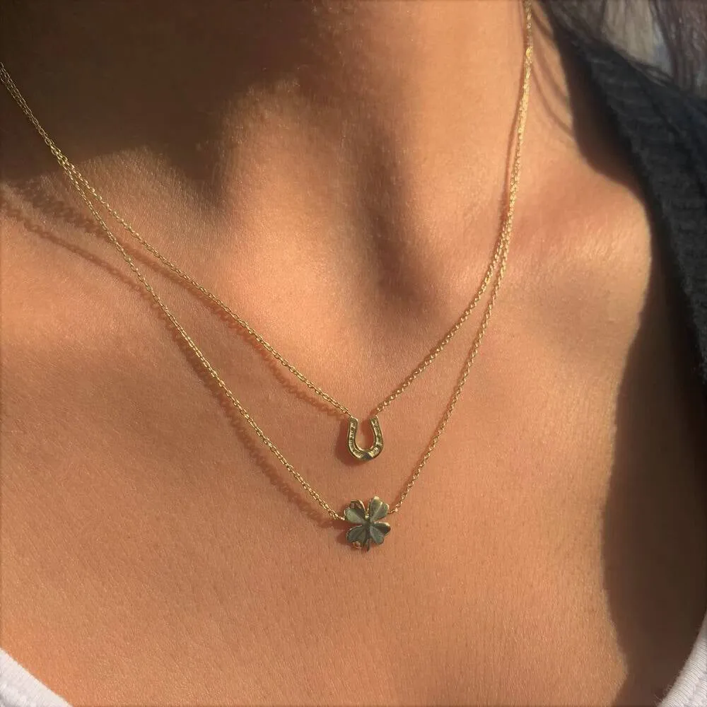 14K Yellow Gold Horseshoe And Irish Clover Multi-Strand Necklace (3.5.gr.tw)
