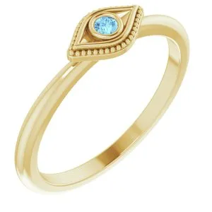 14K Yellow Natural Aquamarine Stackable Evil Eye Ring