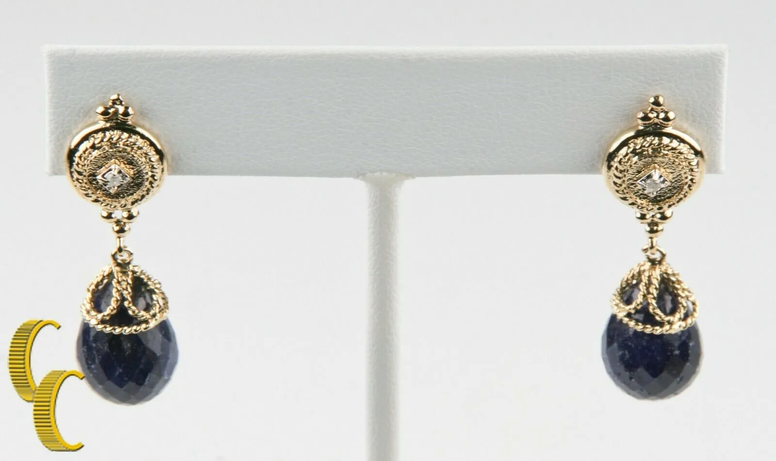 14KT Yellow Gold Briolette Sapphire and Diamond Dangle Earrings TCW = 23.04