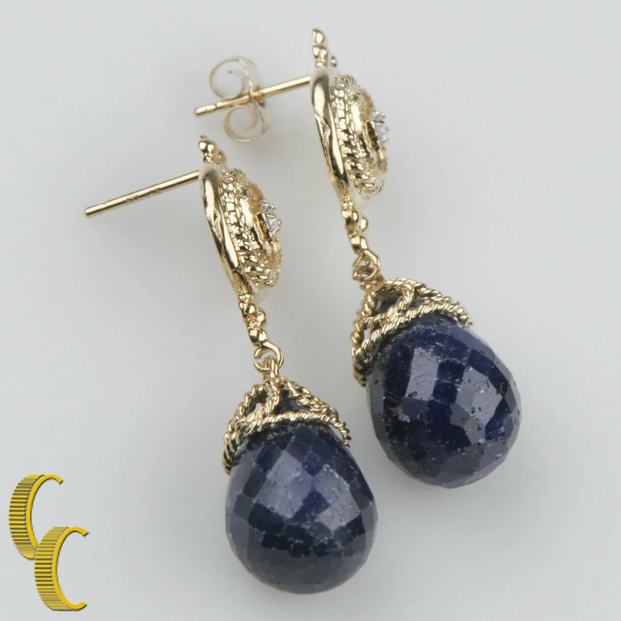14KT Yellow Gold Briolette Sapphire and Diamond Dangle Earrings TCW = 23.04