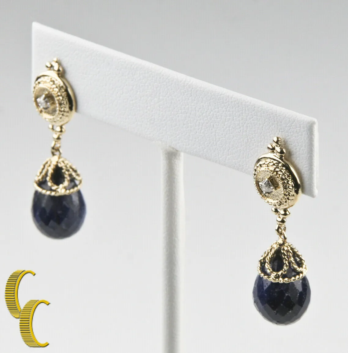 14KT Yellow Gold Briolette Sapphire and Diamond Dangle Earrings TCW = 23.04
