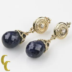 14KT Yellow Gold Briolette Sapphire and Diamond Dangle Earrings TCW = 23.04