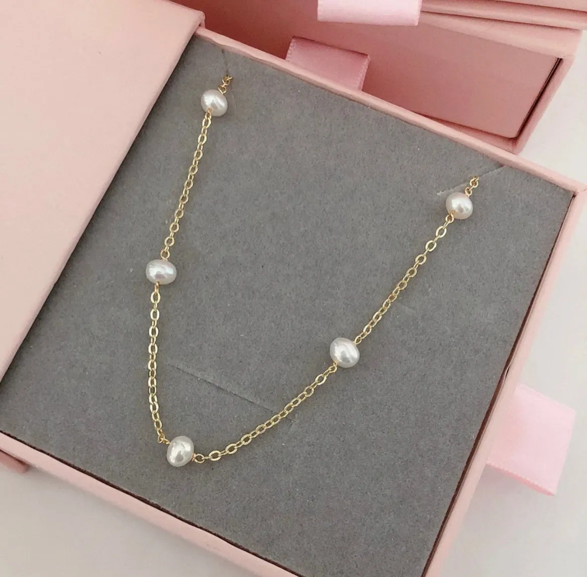18K Gold Plated Freshwater Pearl Station Necklace.