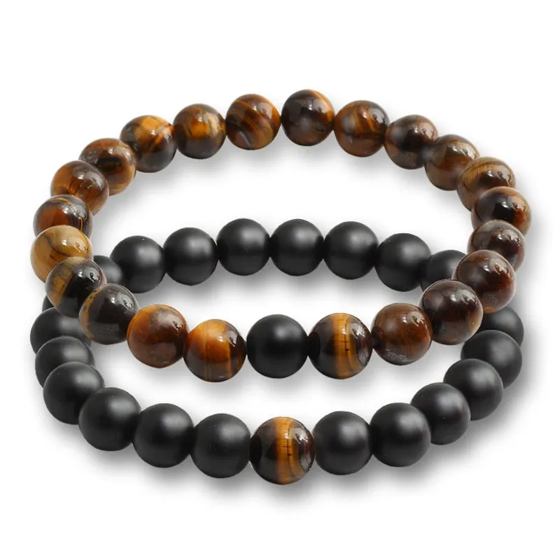 2 Pcs/set Fashion Couple Tiger Eye Stone Bracelets Bangles Classic Black White Natural Lava Stones Charm Bead Bracelet Women Men