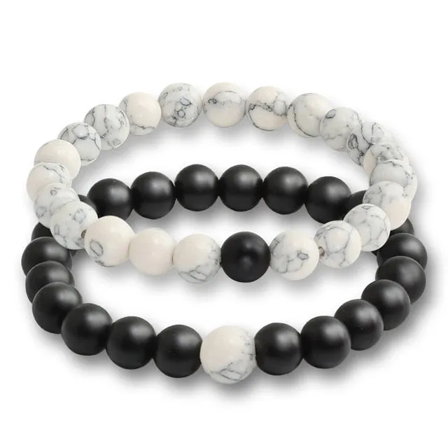2 Pcs/set Fashion Couple Tiger Eye Stone Bracelets Bangles Classic Black White Natural Lava Stones Charm Bead Bracelet Women Men