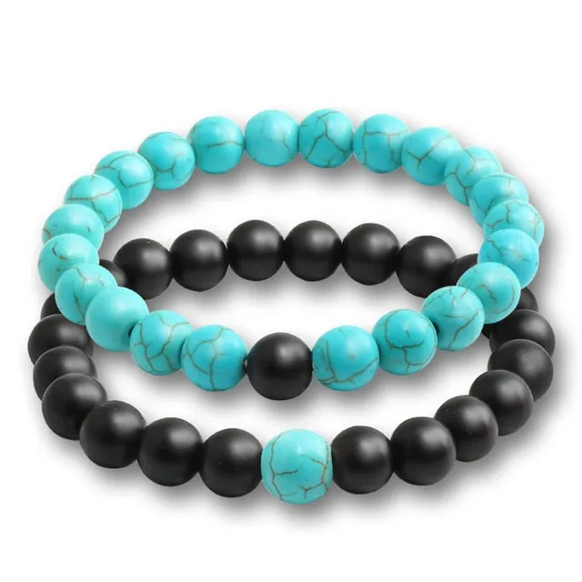 2 Pcs/set Fashion Couple Tiger Eye Stone Bracelets Bangles Classic Black White Natural Lava Stones Charm Bead Bracelet Women Men