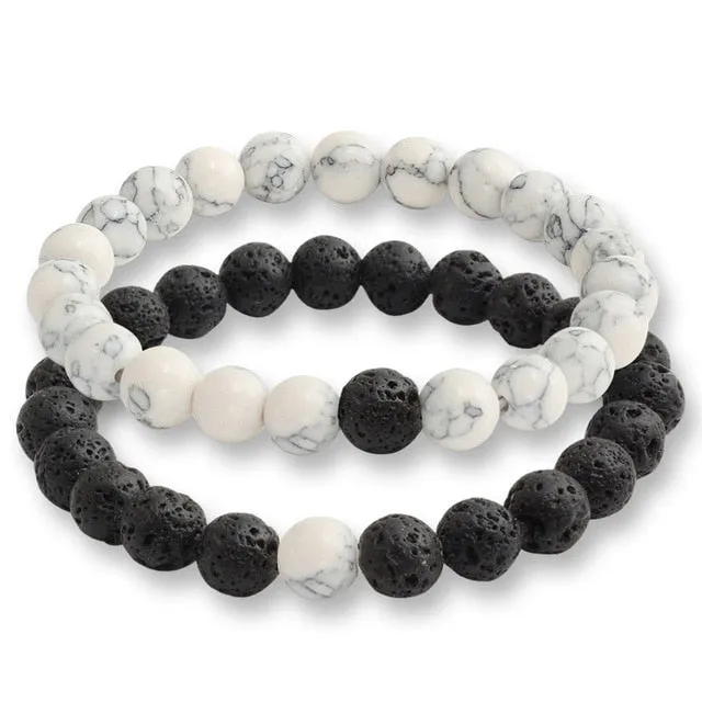 2 Pcs/set Fashion Couple Tiger Eye Stone Bracelets Bangles Classic Black White Natural Lava Stones Charm Bead Bracelet Women Men