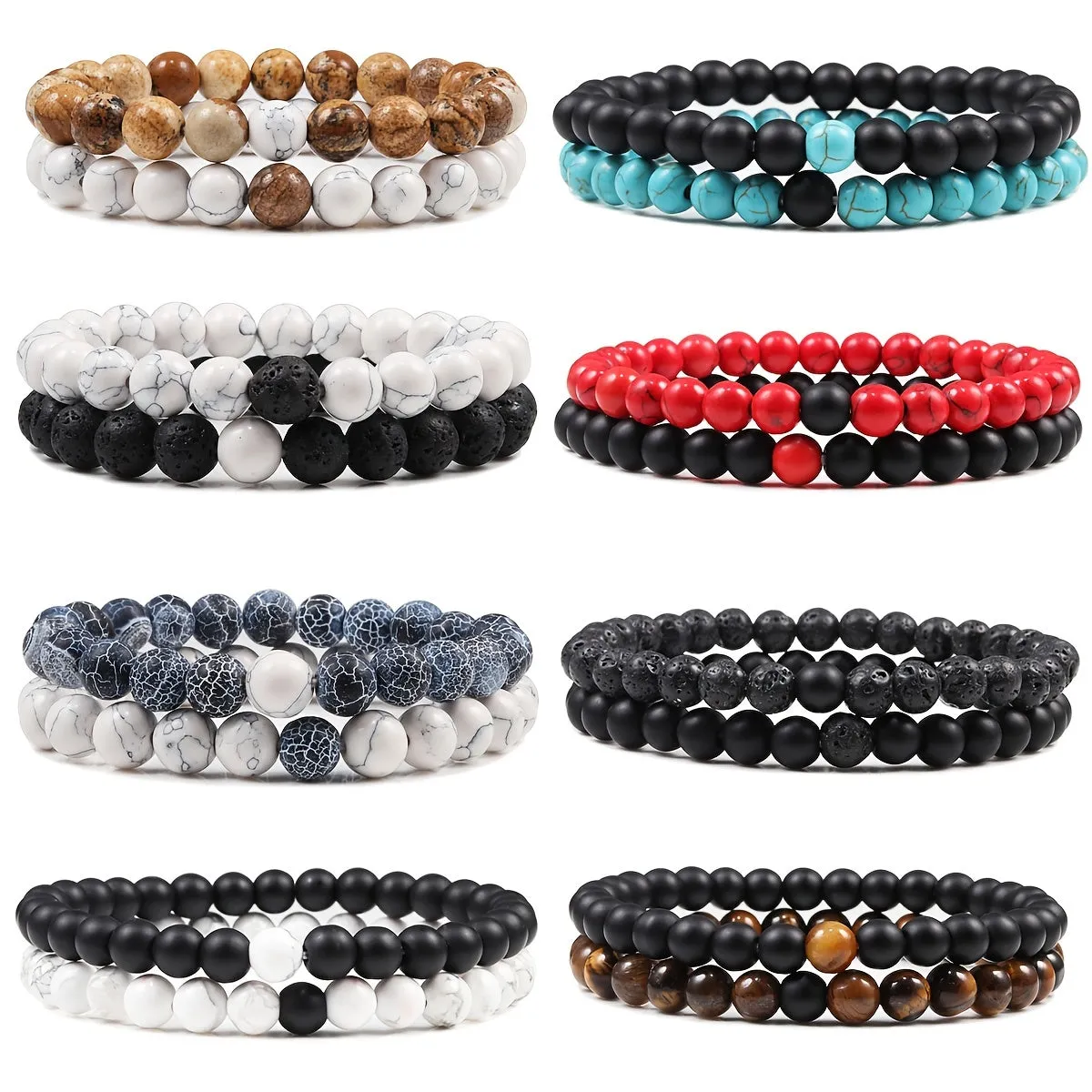 2pcs 8mm Healing Stone Beaded Bracelets Unisex Couples Natural Crystal Stretch