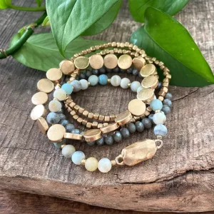 5 Piece Boho Beaded Bracelets Stack Semi Precious Metal Glass Aqua