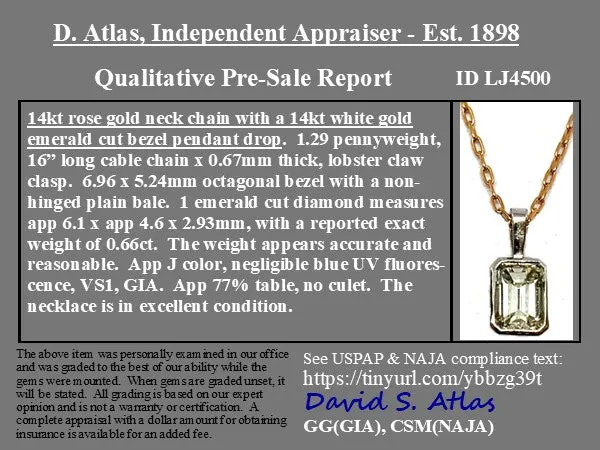 .66ct Emerald Cut Diamond Bezel Pendant