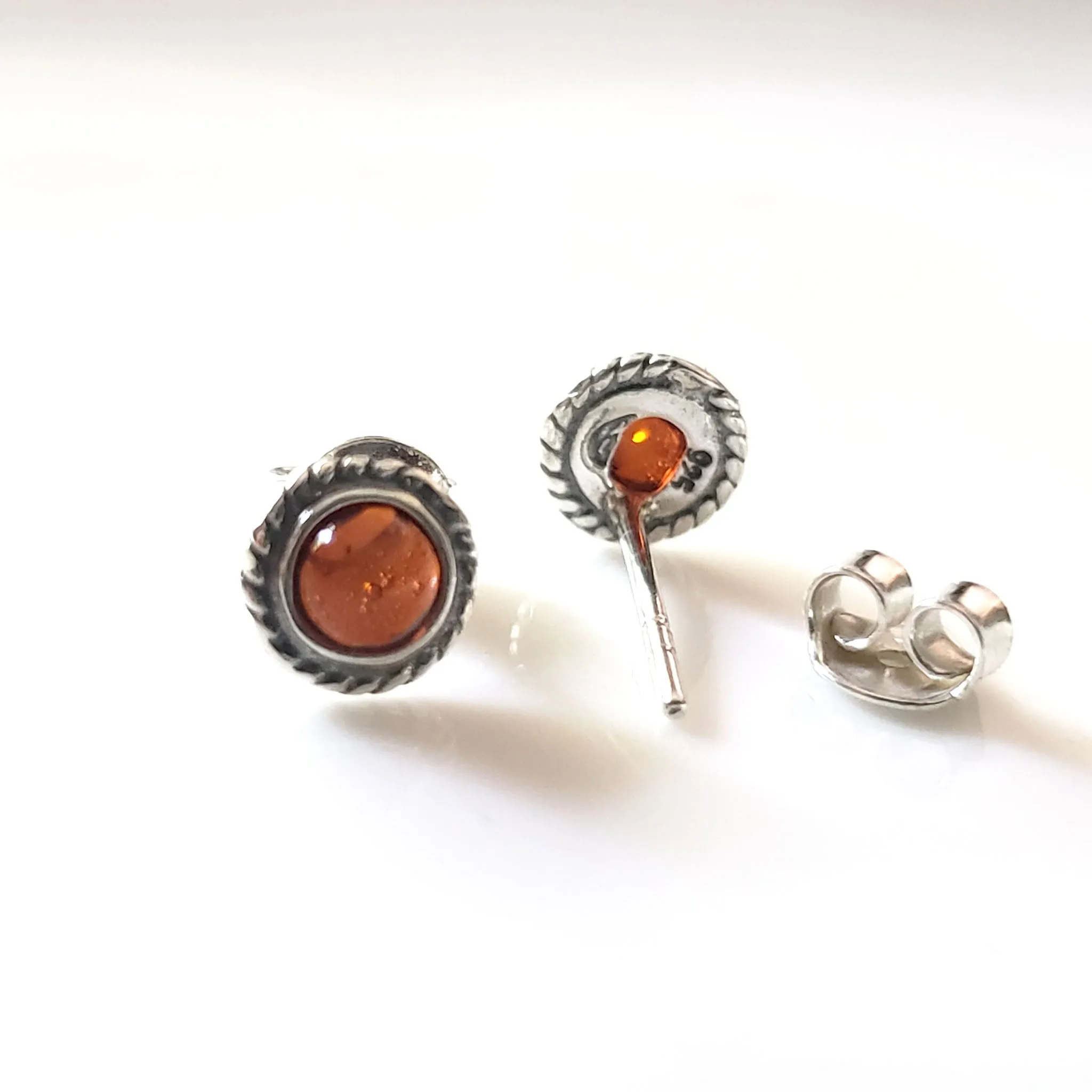 6mm Small Amber Silver Stud Earrings for Kids and Adults