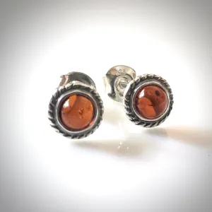 6mm Small Amber Silver Stud Earrings for Kids and Adults
