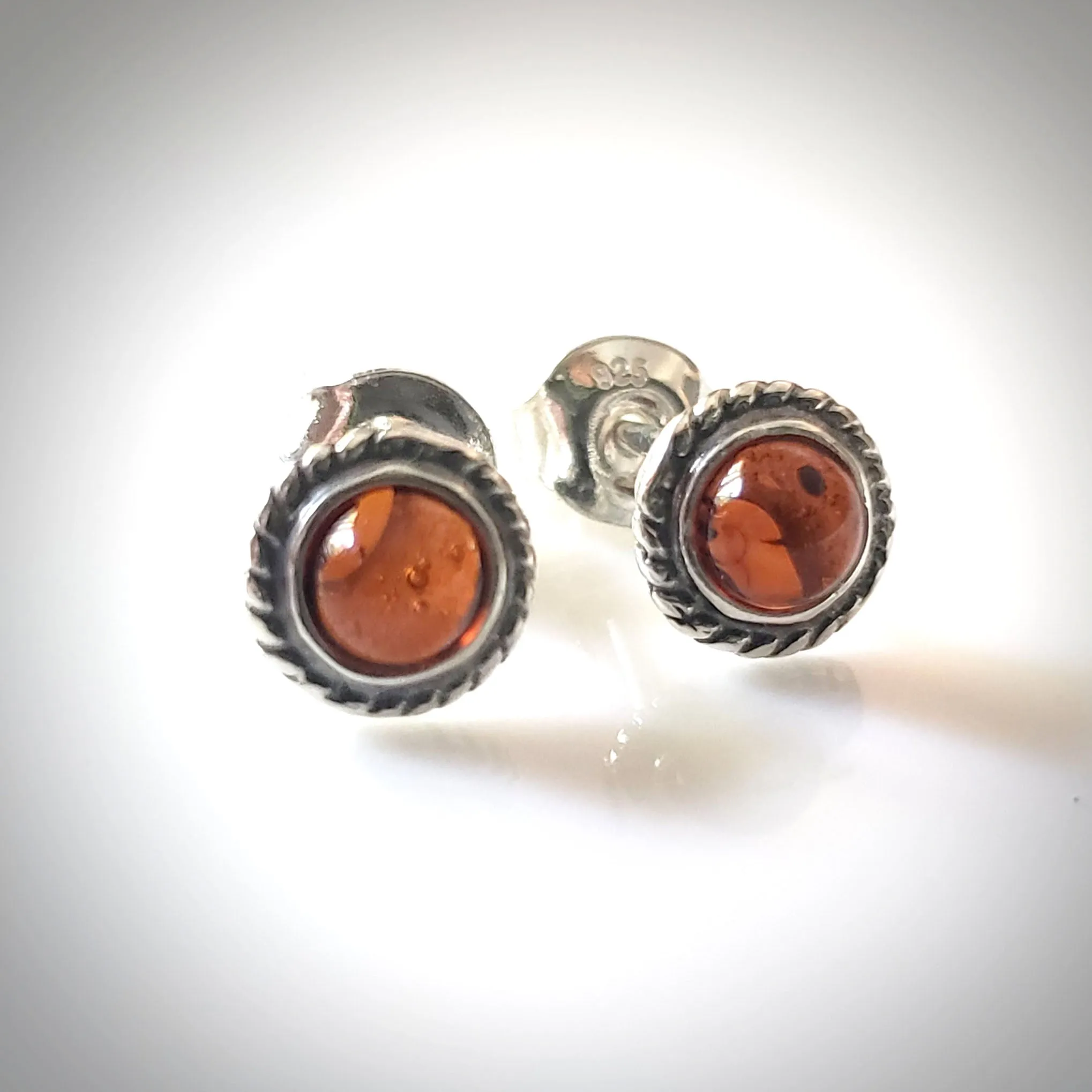 6mm Small Amber Silver Stud Earrings for Kids and Adults