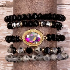 74730 - Crystal Beaded Stacked Bracelets - Black