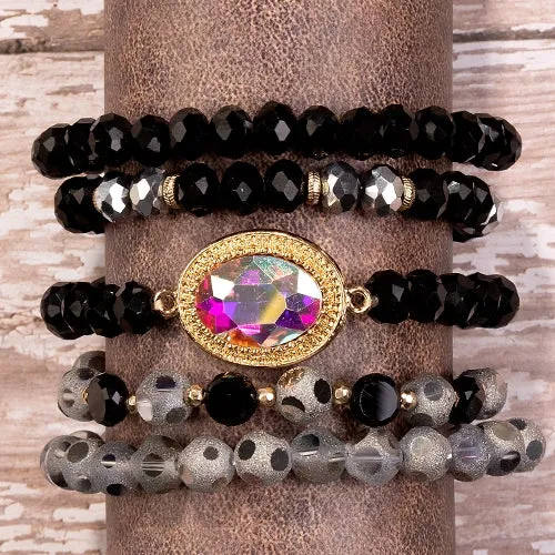 74730 - Crystal Beaded Stacked Bracelets - Black