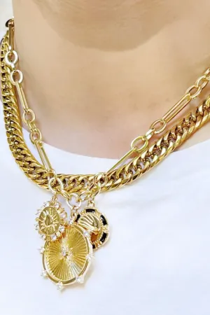 8 Point Wheel Medallion & Sun Charm Necklace 