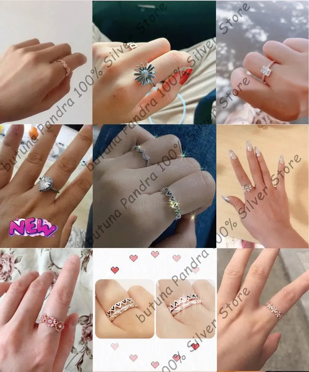 925 Silver Stackable Heart Daisy Flower Ring for Women