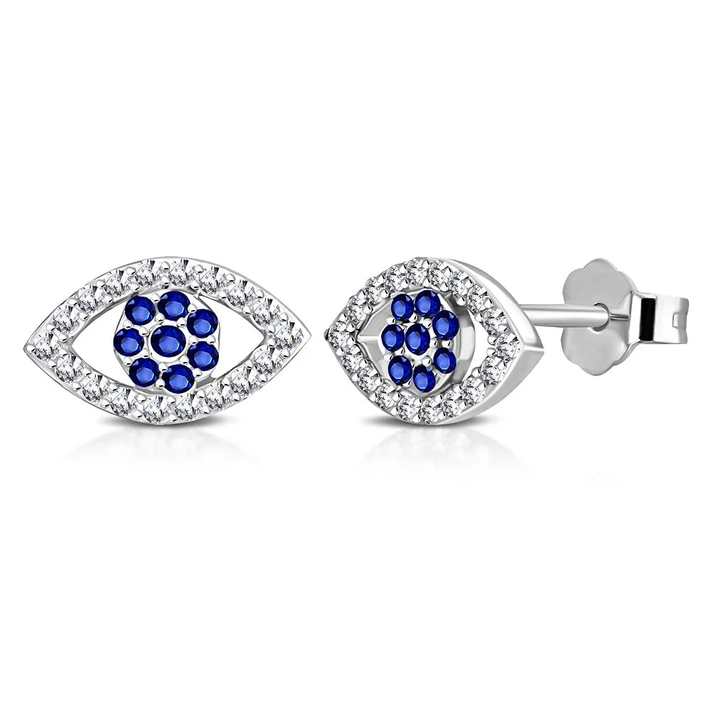 925 Sterling Silver Blue White CZ Evil Eye Hamsa Womens Girls Stud Earrings