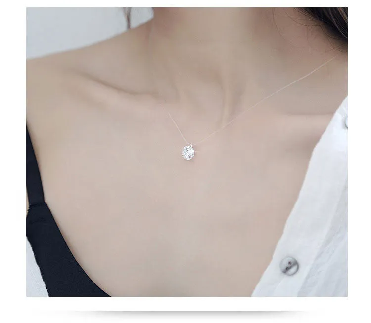 925 Sterling Silver Dazzling Zircon Necklace And Invisible Transparent Fishing Line Simple Pendant 38-40cm Personality Jewelry