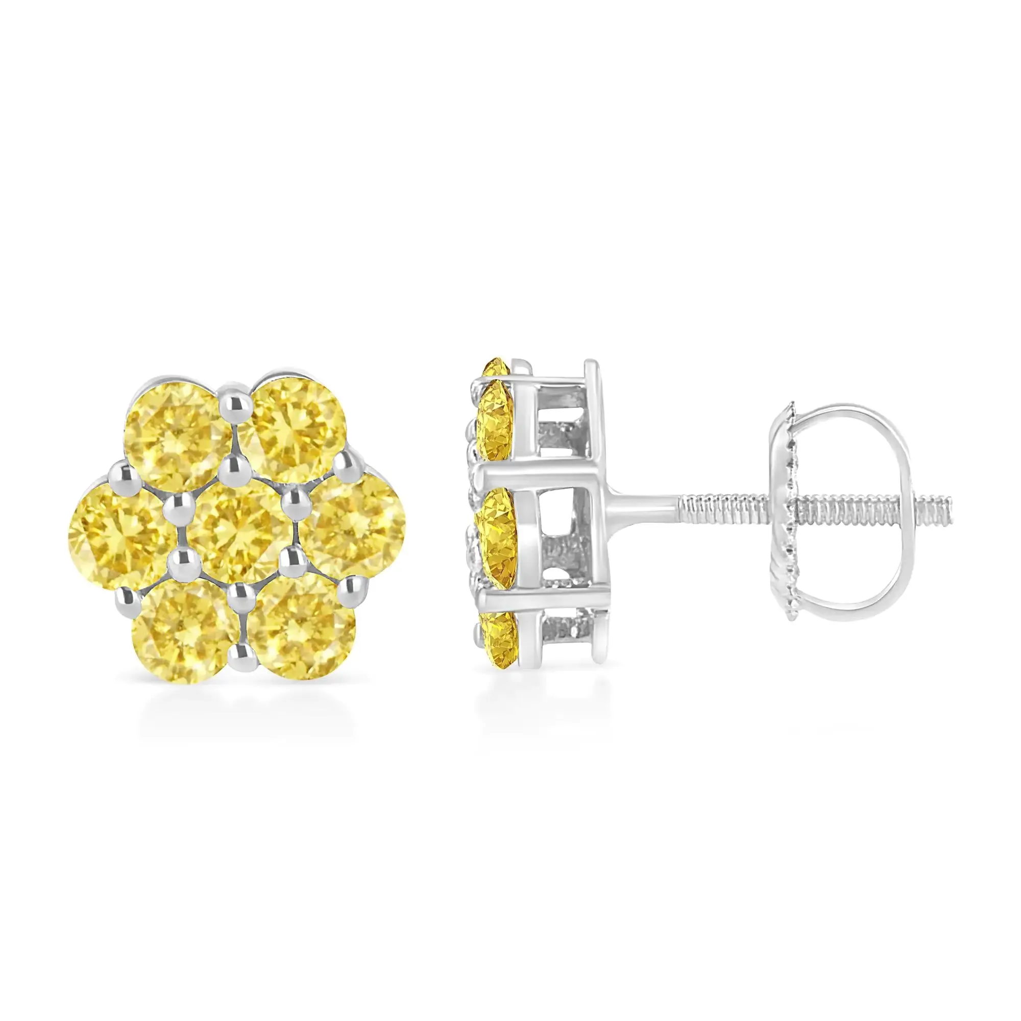 .925 Sterling Silver  Prong Set Round-Cut Treated Colored Diamond Floral Cluster Stud Earring - Choice of Diamond Colors and Total Weights