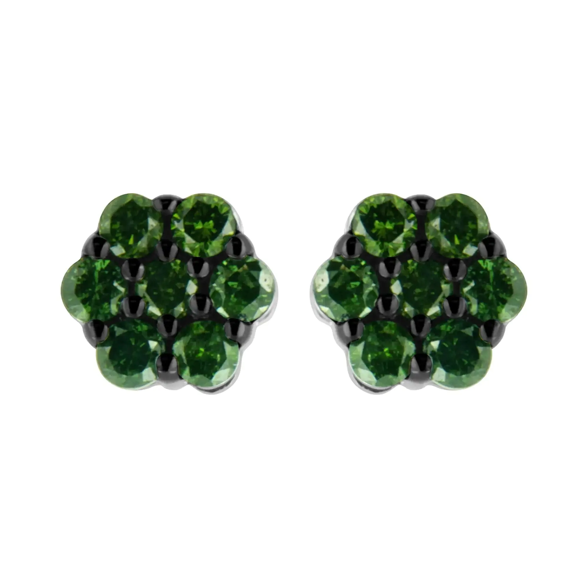 .925 Sterling Silver  Prong Set Round-Cut Treated Colored Diamond Floral Cluster Stud Earring - Choice of Diamond Colors and Total Weights