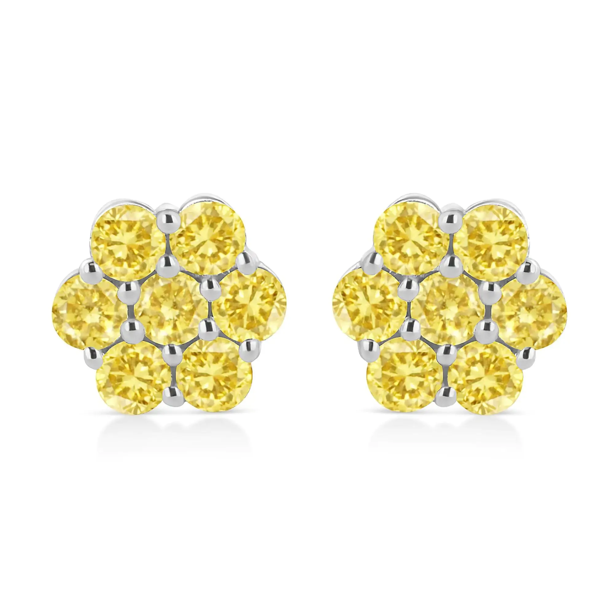 .925 Sterling Silver  Prong Set Round-Cut Treated Colored Diamond Floral Cluster Stud Earring - Choice of Diamond Colors and Total Weights