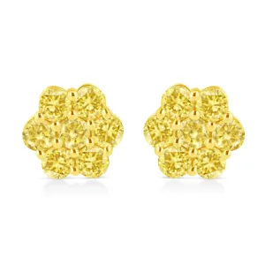 .925 Sterling Silver  Prong Set Round-Cut Treated Colored Diamond Floral Cluster Stud Earring - Choice of Diamond Colors and Total Weights