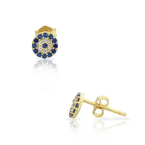 925 Sterling Silver Yellow Gold-Tone White Blue CZ Evil Eye Hamsa Small Womens Girls Stud Earrings