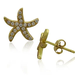 925 Sterling Silver Yellow Gold-Tone White CZ Starfish Womens Girls Stud Earrings