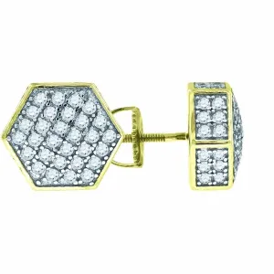 925 Sterling Silver Yellow-tone Cubic Zirconia CZ 3D Hexagon Stud Unisex Screw Back Earrings