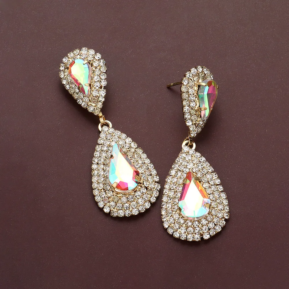 AB Marquise Stone Flower Pageant Earrings  |AB Evening Earrings on Gold|  646925