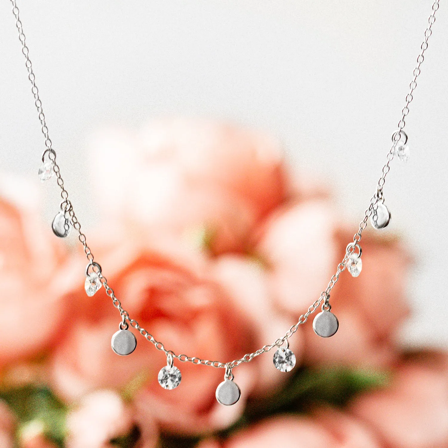 Alternating Disc and Sparkle Drop Necklace