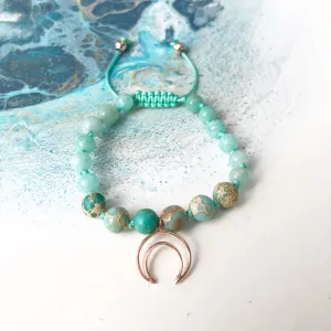 Amazonite & Sea Sediment Jasper Adjustable Beaded Bracelet with Crescent Moon