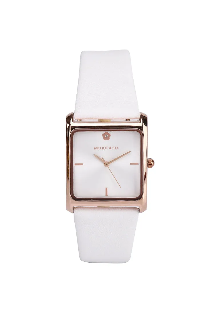 Atharis Rose Gold Leather  Watch with Necklace Set (White)