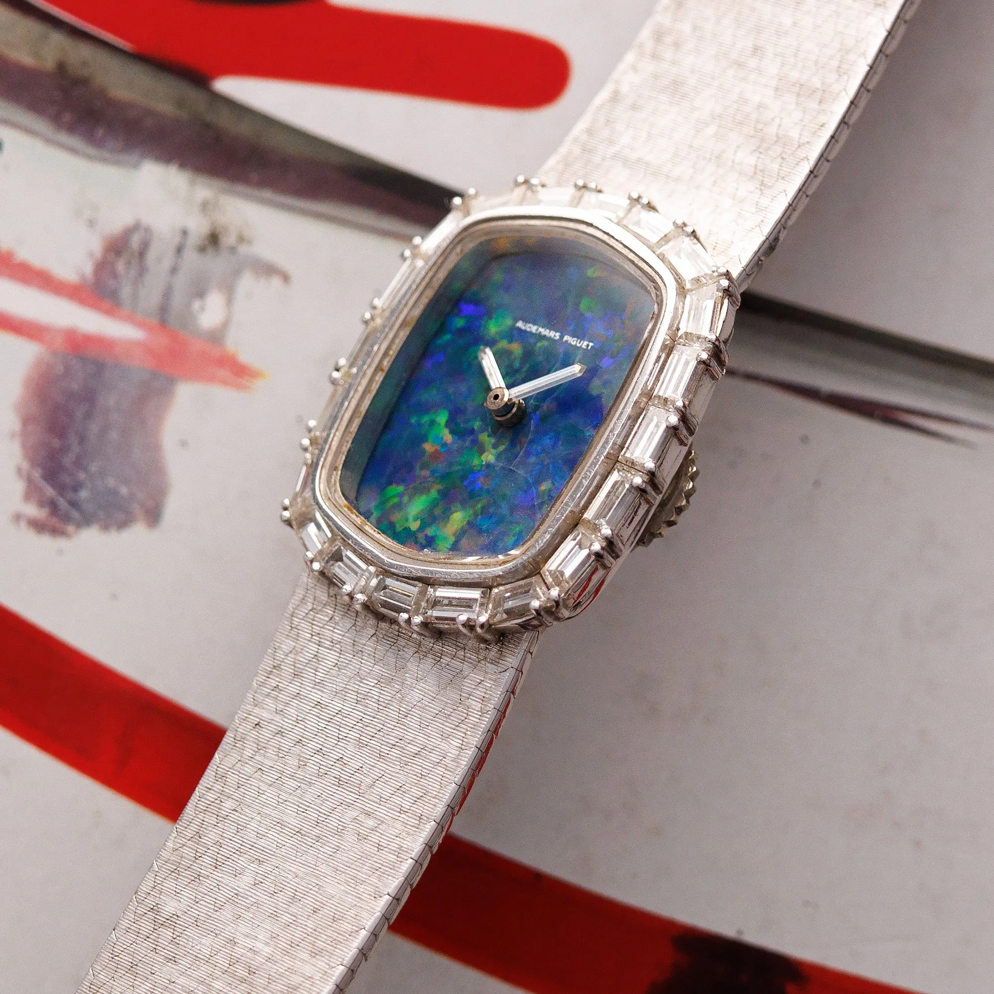 Audemars Piguet White Gold Watch with Opal Dial, Baguette Bezel and Baguette Hands
