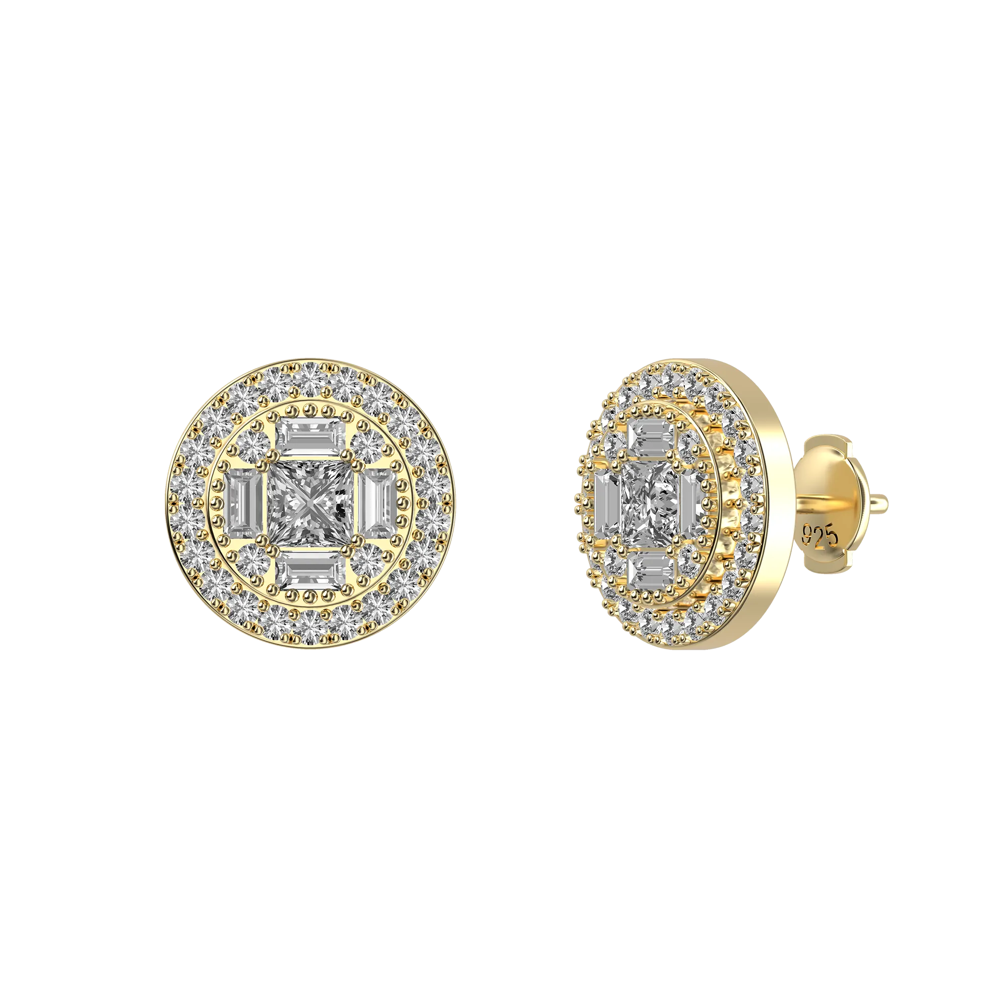 Baguette Mix Round Cut Halo Stud Earrings - Pair