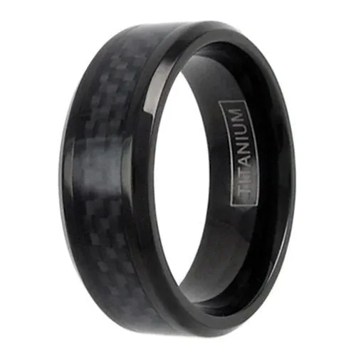 Beautiful Black Titanium Ring with Black Carbon Fiber Inlay and Beveled Edges.