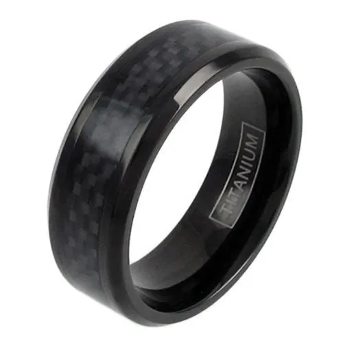 Beautiful Black Titanium Ring with Black Carbon Fiber Inlay and Beveled Edges.