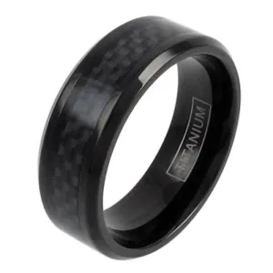 Beautiful Black Titanium Ring with Black Carbon Fiber Inlay and Beveled Edges.
