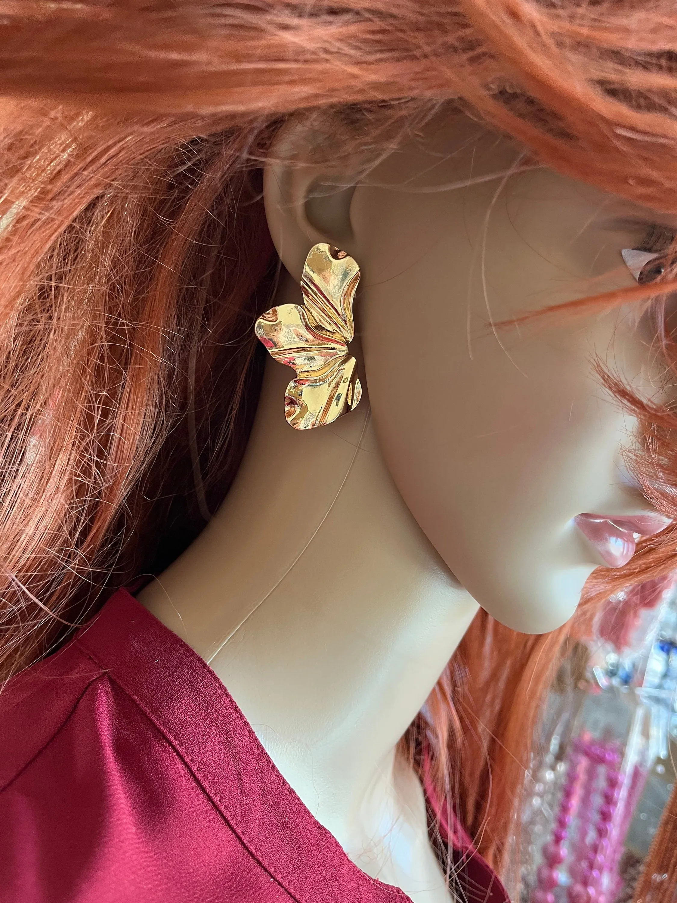 Big Gold petal earrings , gold studs large , bold gold stud earring , chunky gold earrings , abstract leaf flower gold studs
