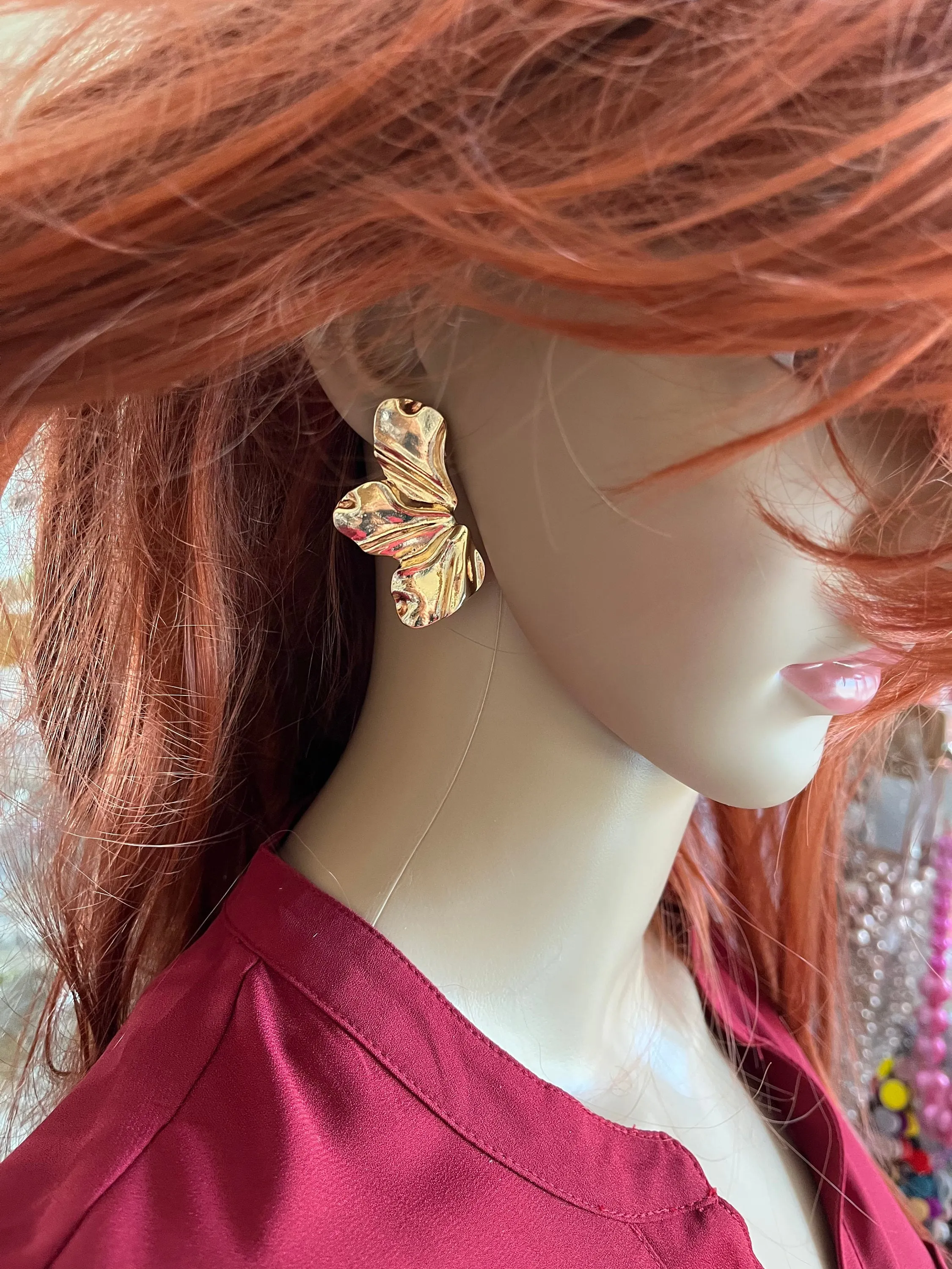 Big Gold petal earrings , gold studs large , bold gold stud earring , chunky gold earrings , abstract leaf flower gold studs