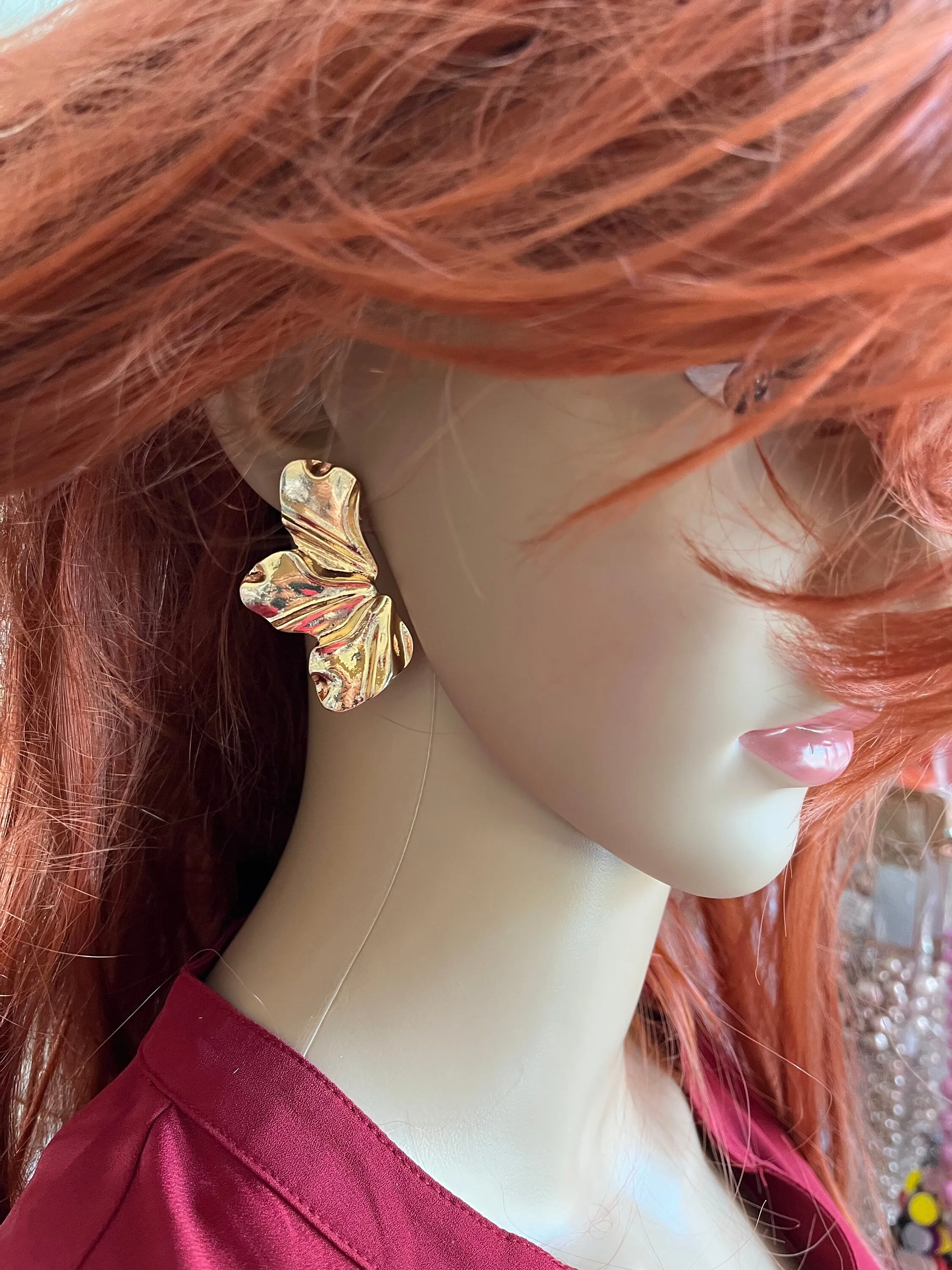 Big Gold petal earrings , gold studs large , bold gold stud earring , chunky gold earrings , abstract leaf flower gold studs