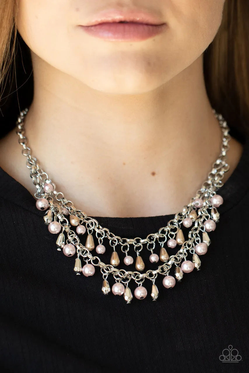Big Money - Multi - Pink Pearl, Silver and Brown Bead Tiered Paparazzi Short Necklace