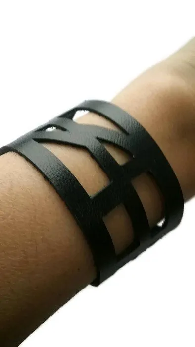 Black Leather bracelet. The Good vibes Leather Wrist Band. Reclaimed Leather cuff bracelet