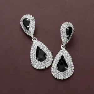 Black Marquise Stone Flower Pageant Earrings  | Black Evening Earrings on Silver|  646920