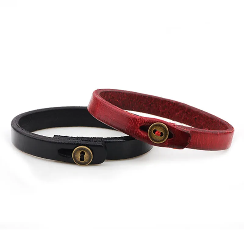 Buddha Stones Vintage Plain Leather Button Buckle Confidence Bracelet