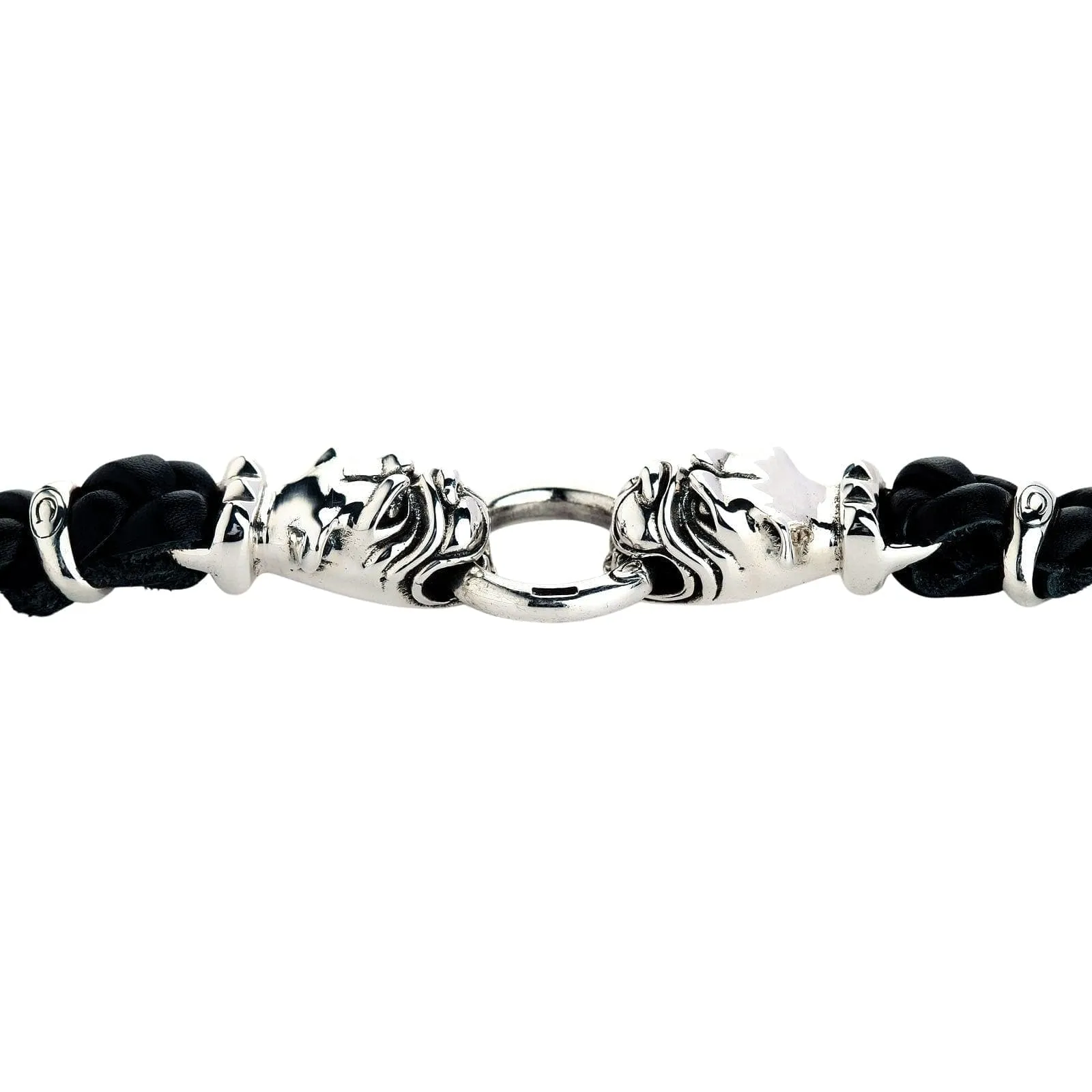 Bulldog Sterling Silver Men's Biker Leather Bracelet